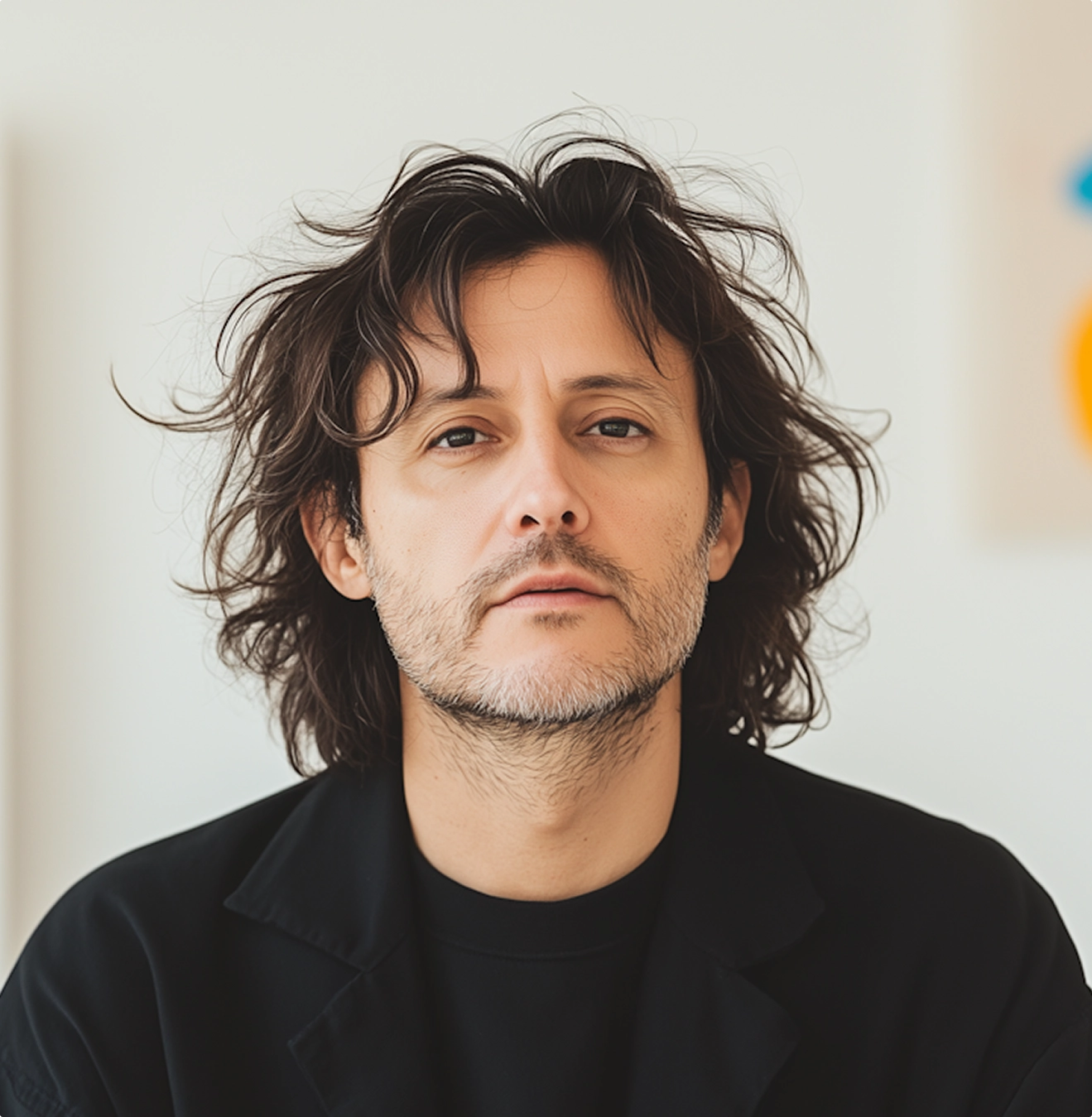 A man with long hair wearing a black jacket stands confidently, showcasing a stylish and modern appearance.