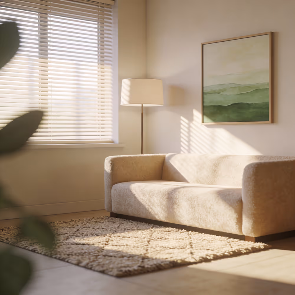 Bright living room with a beige textured sofa, a patterned rug, a floor lamp, and a framed green abstract painting on the wall.