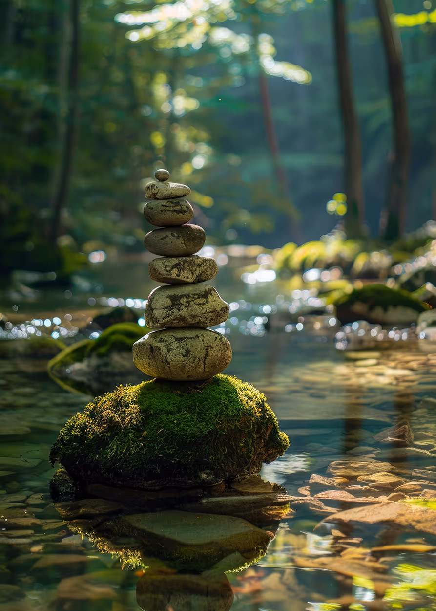 Stack of balanced stones on a moss-covered rock in a serene forest stream with sunlight filtering through trees.