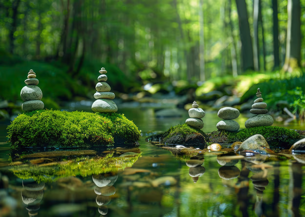 Stacked stones balanced on mossy rocks in a tranquil forest stream with reflections in the water.