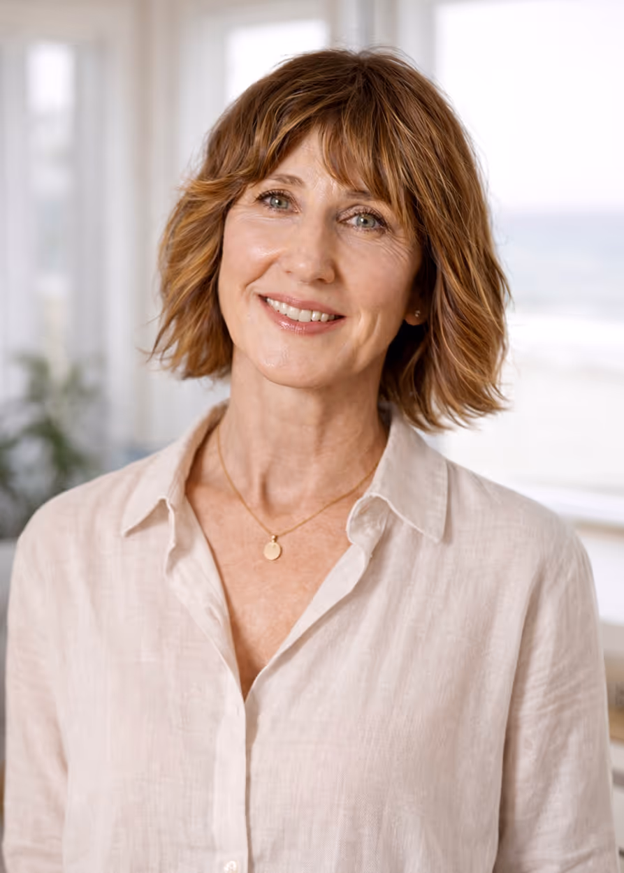 Smiling middle-aged woman with short brown hair wearing a light beige shirt and gold necklace in a softly lit indoor setting.