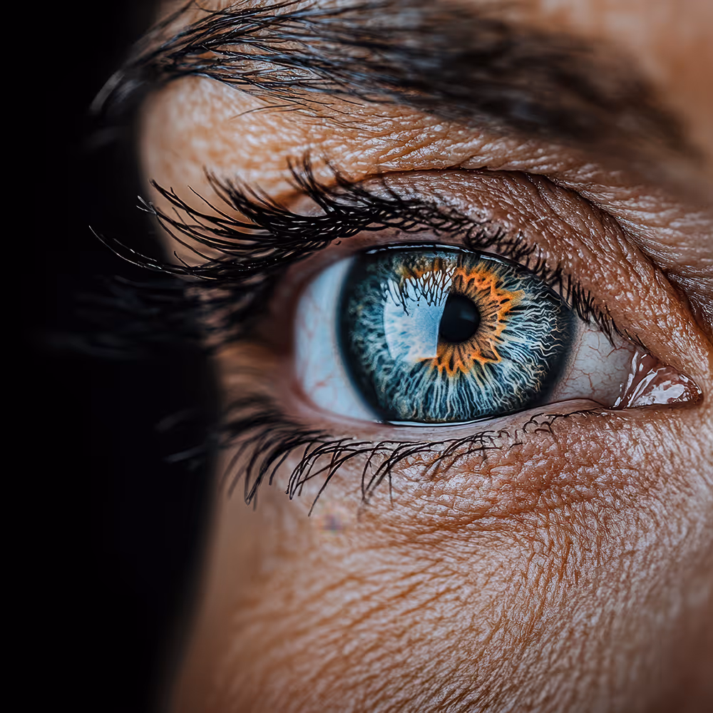 Detailed blue eye symbolizing the eye movement technique used in EMDR therapy to treat PTSD and unresolved trauma at Willow & Stone Counseling, Texas.