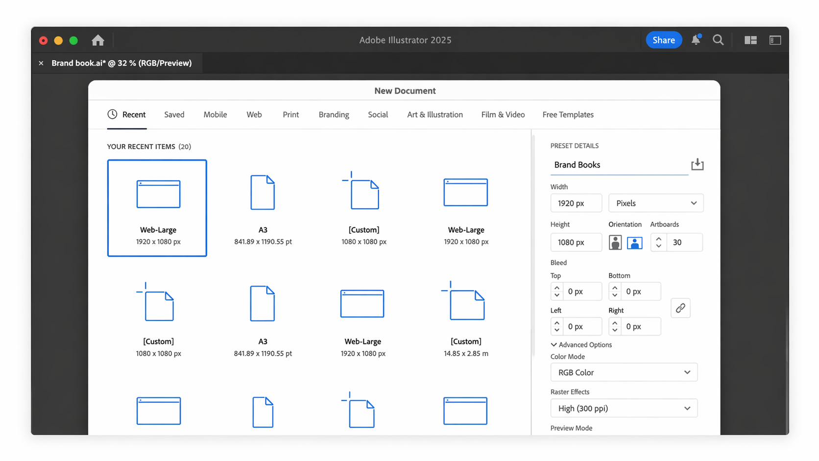 Choosing the right document size when creating a brand book in Adobe Illustrator