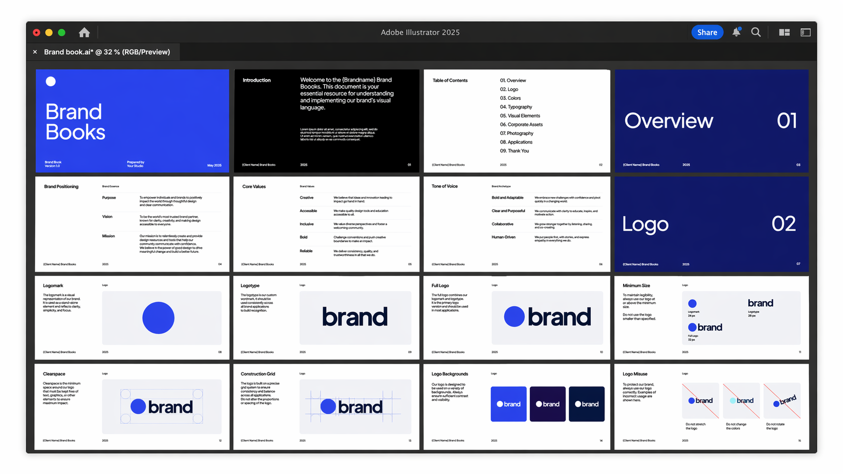 Overview of full brand books document created in Adobe Illustrator