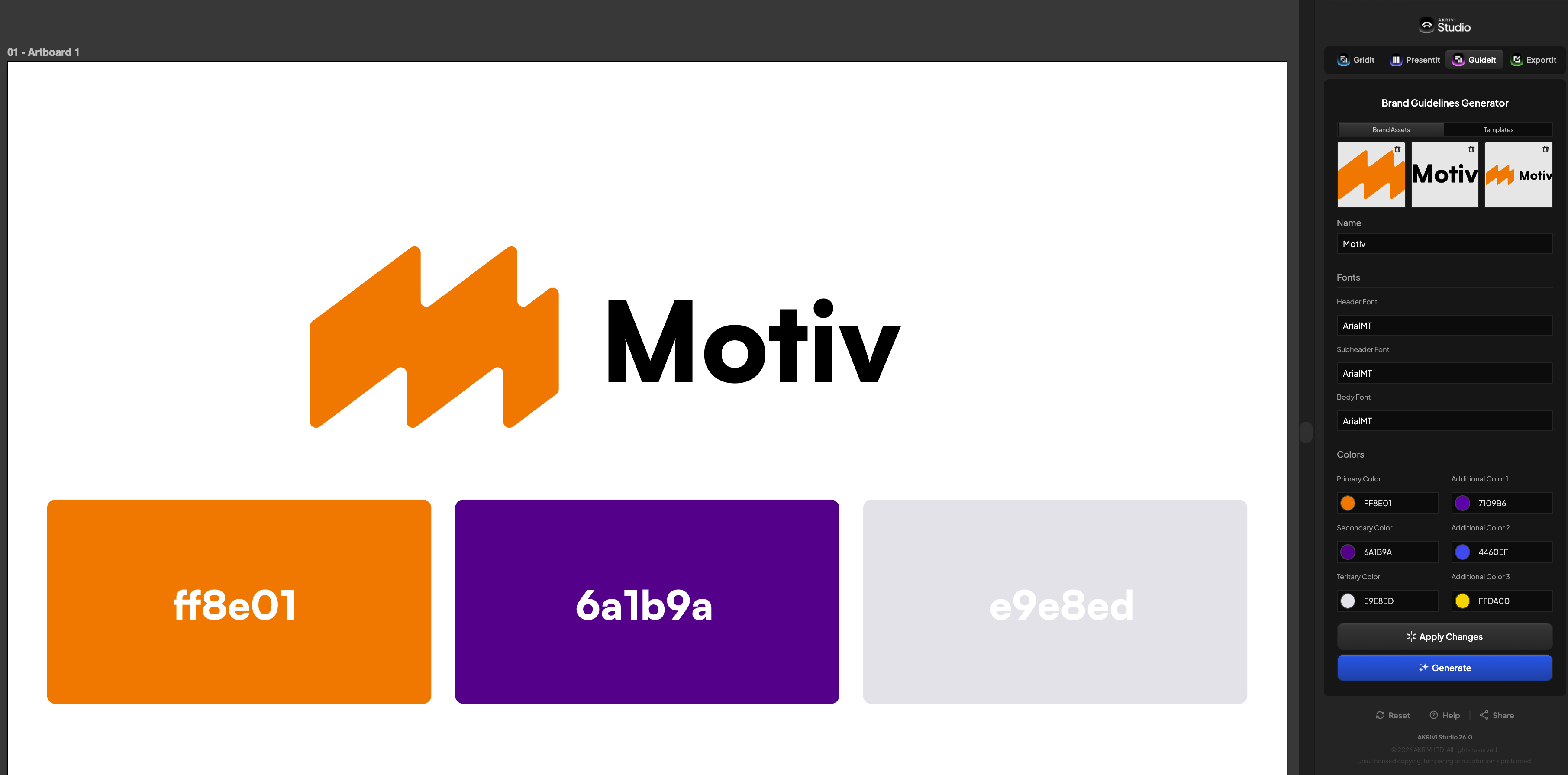 Logo and brand identity brand assets added inside Akrivi Guideit Brand Guidelines Generator