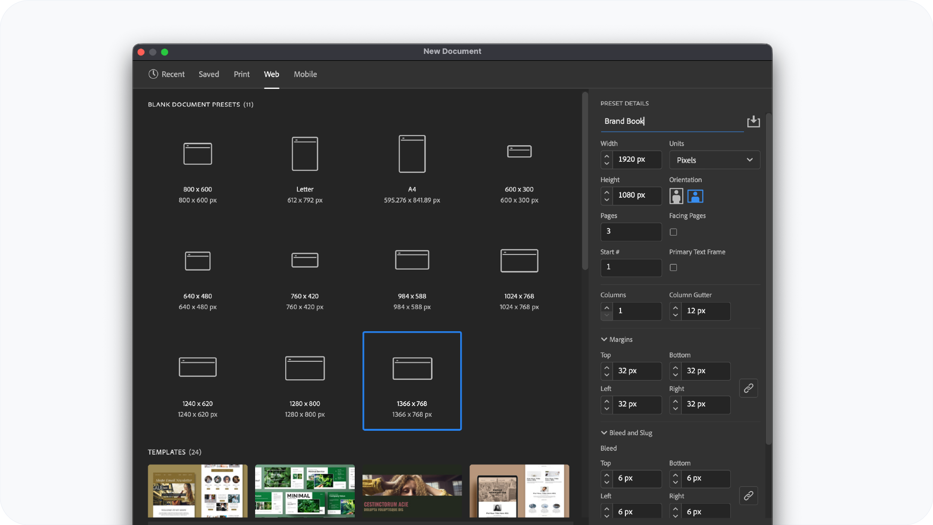 Adobe InDesign New Document dialog box showing project setup for a Brand Book, with dimensions set to 1920 by 1080 pixels and web presets selected.