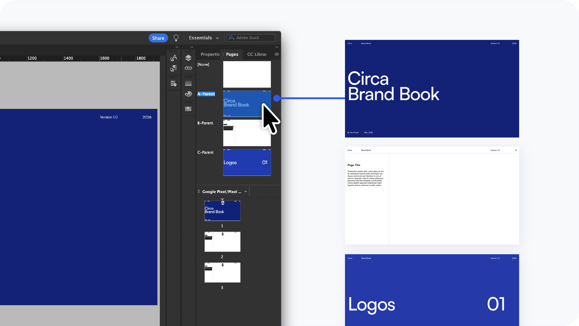 Close-up of the Adobe InDesign Pages panel showing the application of Parent/Master pages to the brand book document for layout consistency.