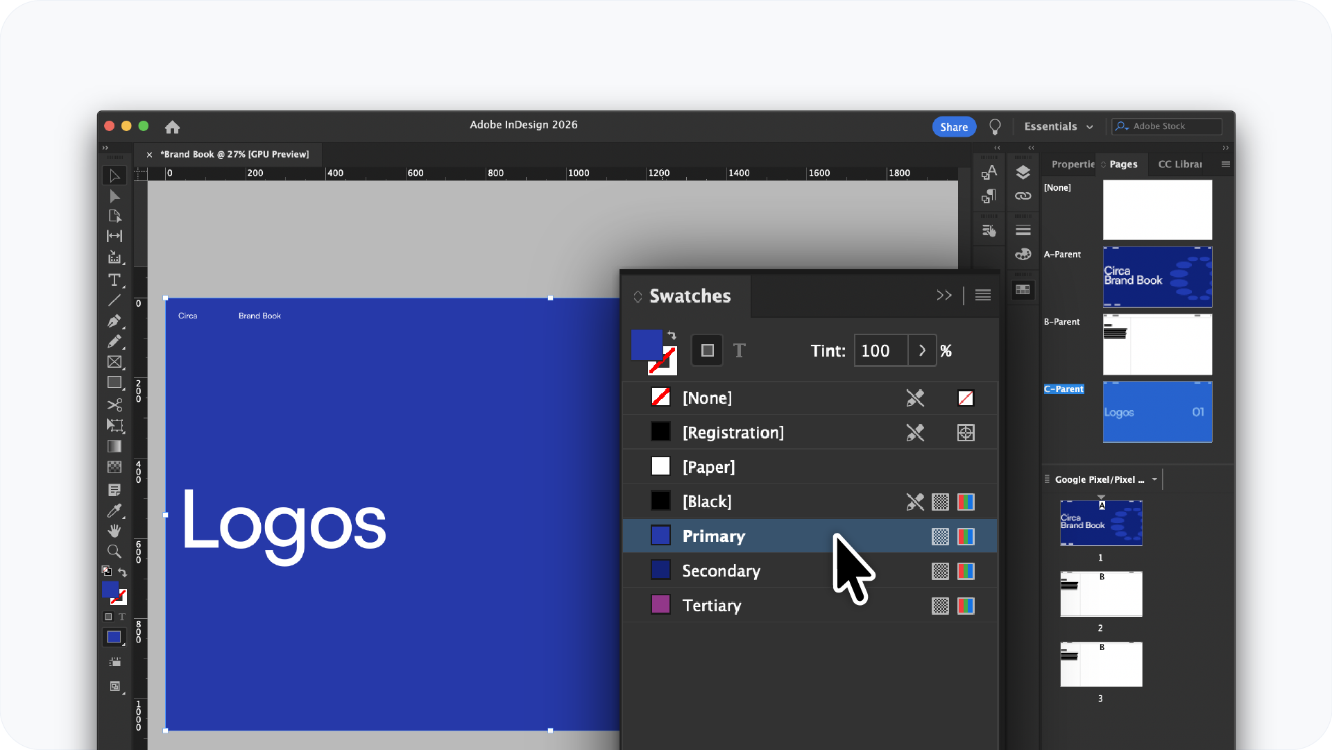 Close-up of the Adobe InDesign Swatches panel showing a custom color palette for Circa with Primary, Secondary, and Tertiary blue color swatches defined.