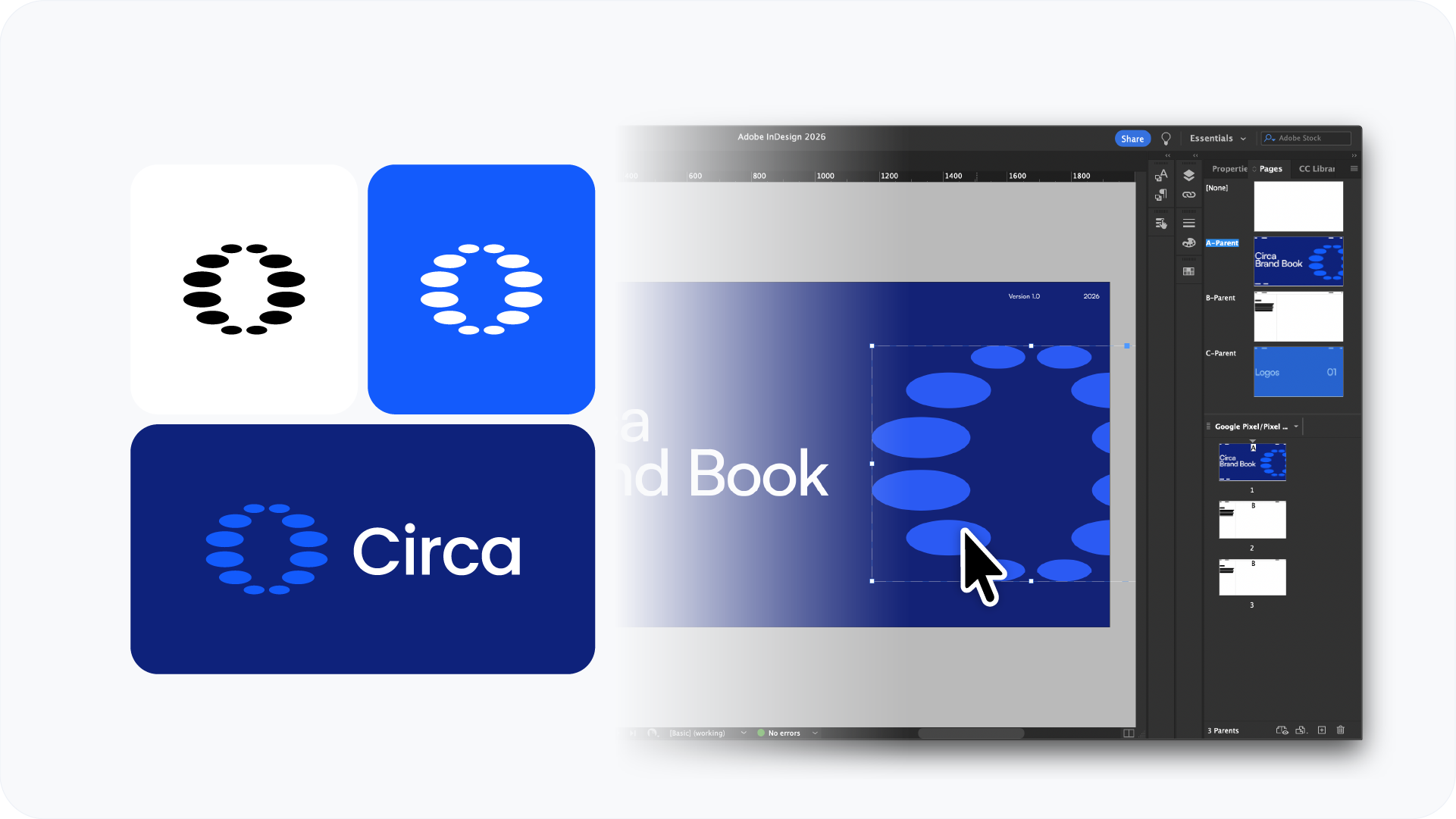 A side-by-side view showing the Circa brand logo variations in black, white, and blue, next to the Adobe InDesign workspace interface starting a brand book project.