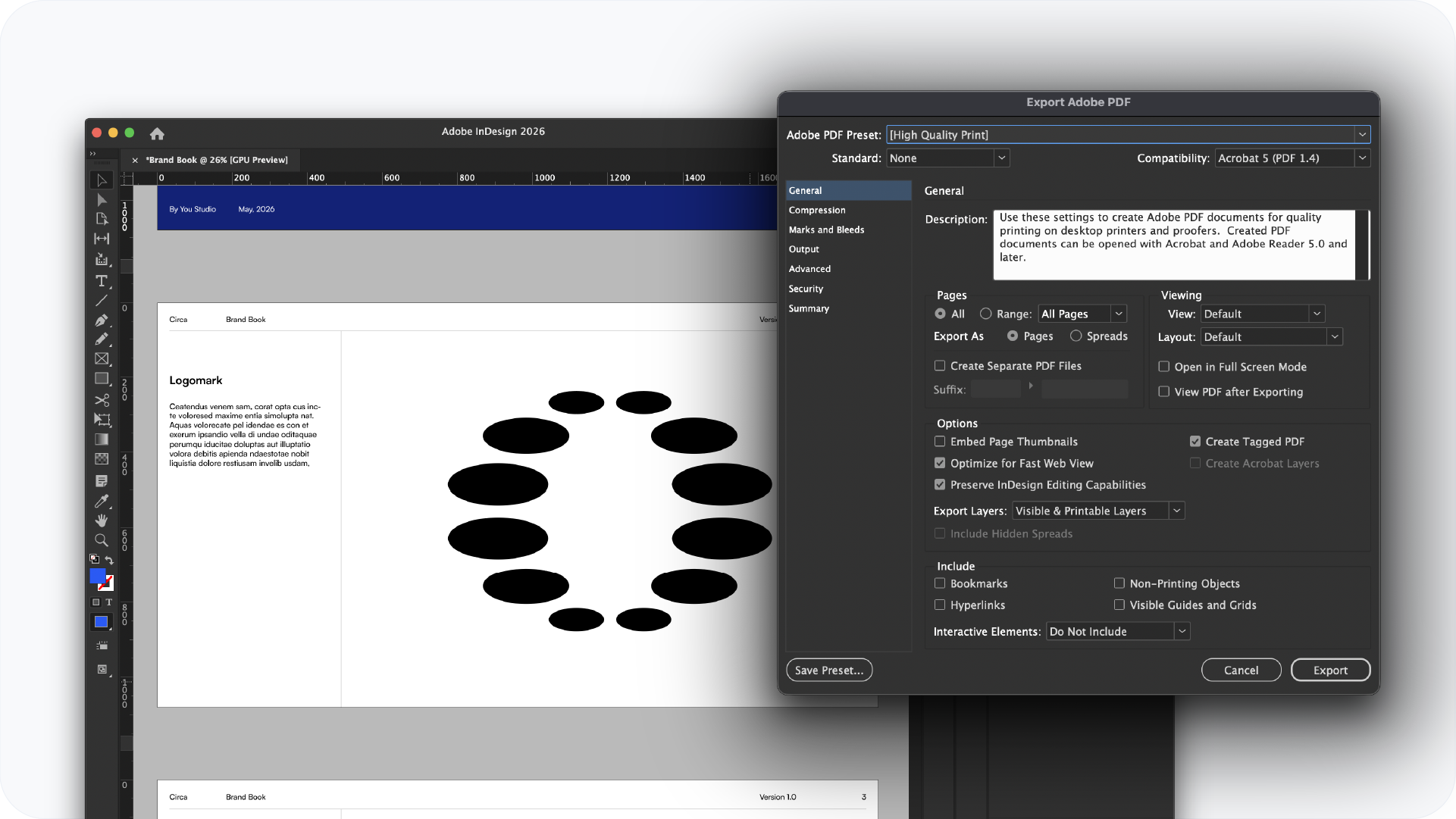 The Export Adobe PDF dialog box in InDesign showing the "High Quality Print" preset selected for a finished brand book document.