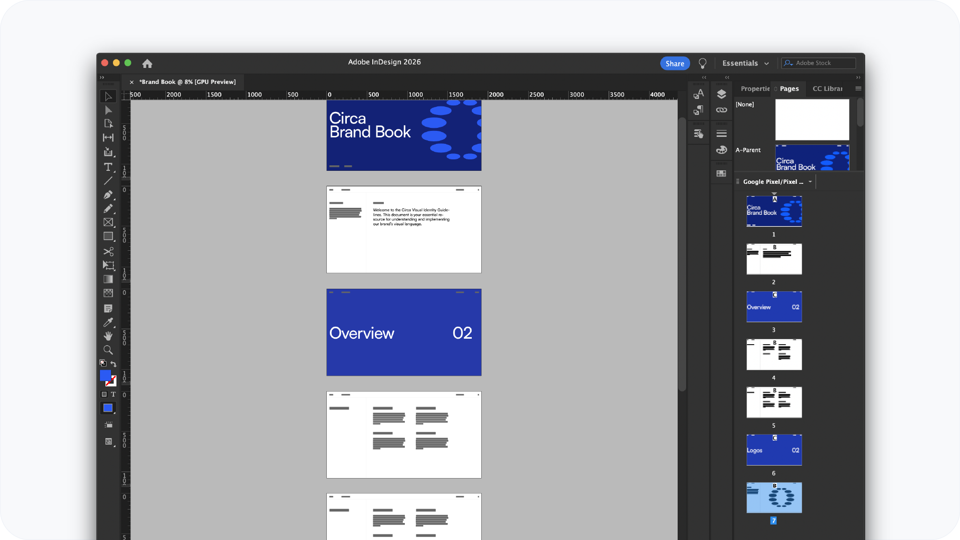 Overview of the Adobe InDesign workspace showing a multi-page layout spread for the Circa Brand Book with master pages and document structure.