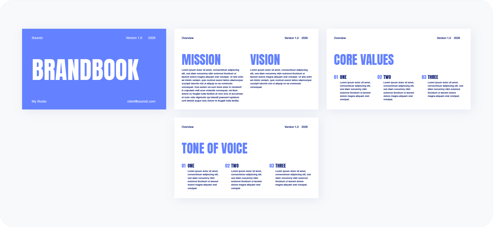 Multiple pages of a brand guidelines document detailing the brand strategy, including Mission, Vision, Core Values, and Tone of Voice sections.