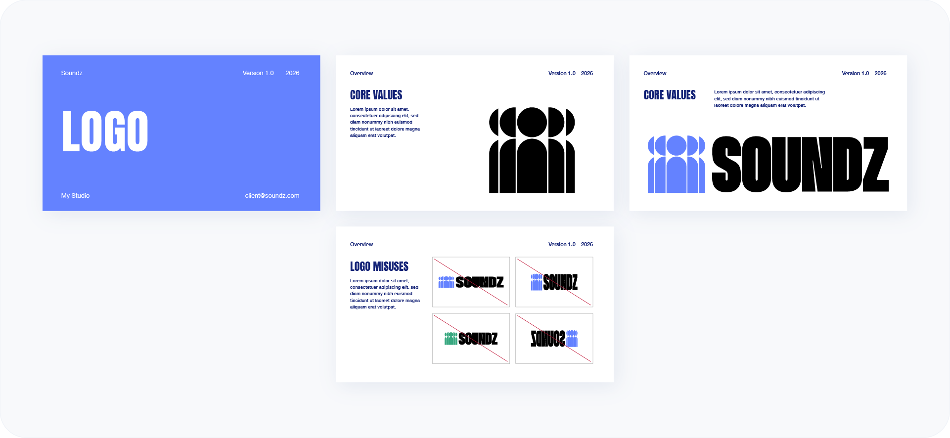 A comprehensive logo guidelines page showing the primary logo lockup for "Soundz" and a "Logo Misuses" section with examples of incorrect scaling and coloring.