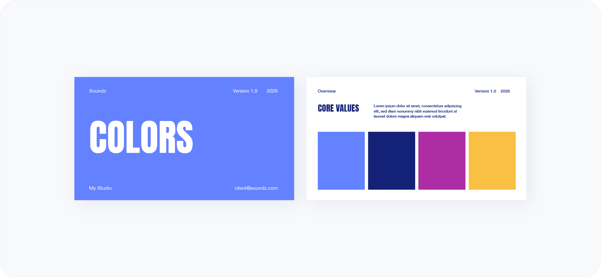 A "Colors" section in a brand book showing a primary color palette with swatches of vibrant blue, dark navy, magenta, and yellow-orange.