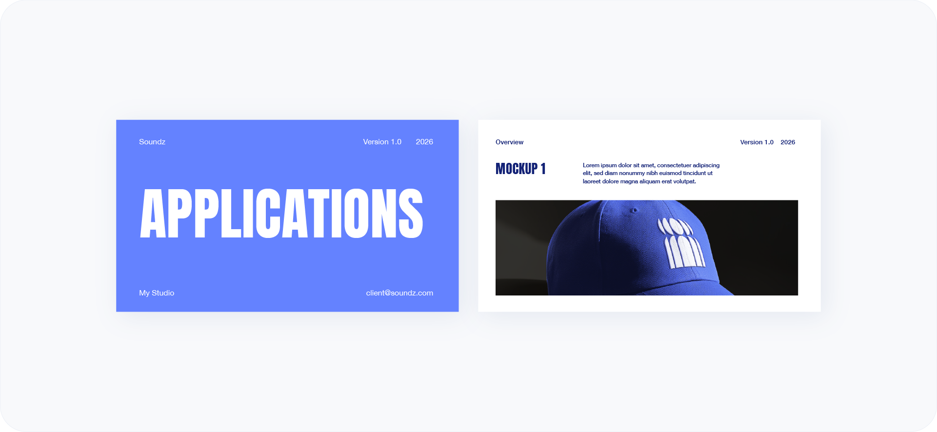 A brand book spread for "Soundz" showing the Applications section, featuring a high-quality mockup of a blue baseball cap with a white embroidered logo.