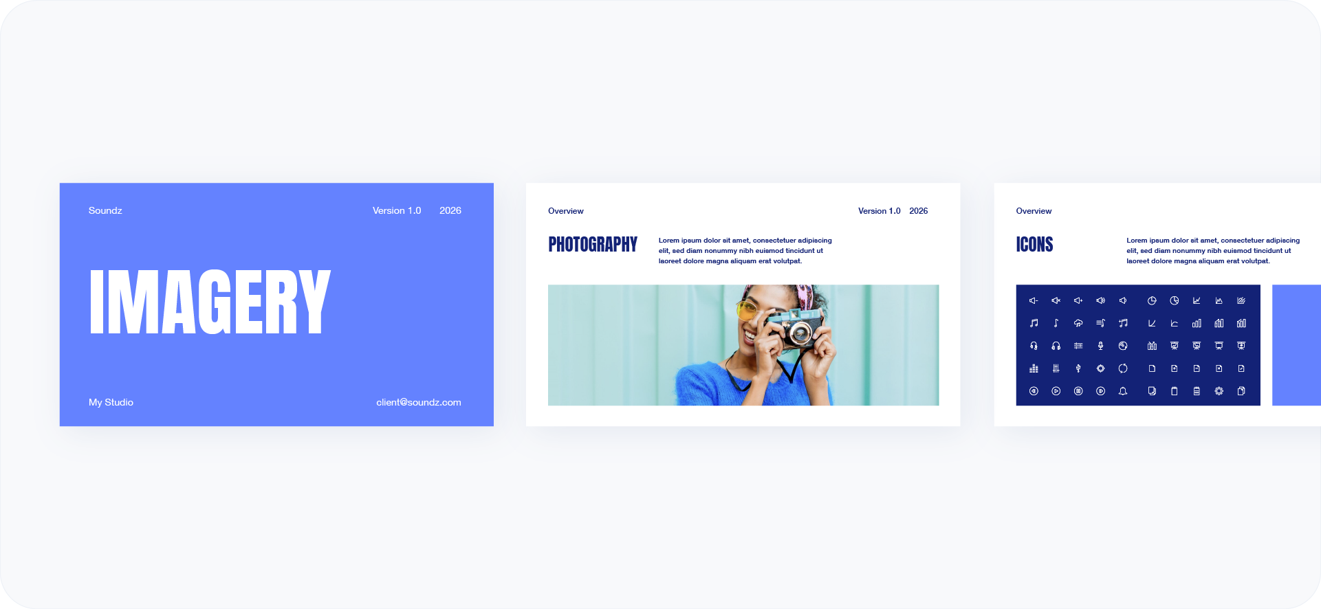 Visual brand guidelines showing the "Imagery" section, including photography style examples and a grid of custom line icons.