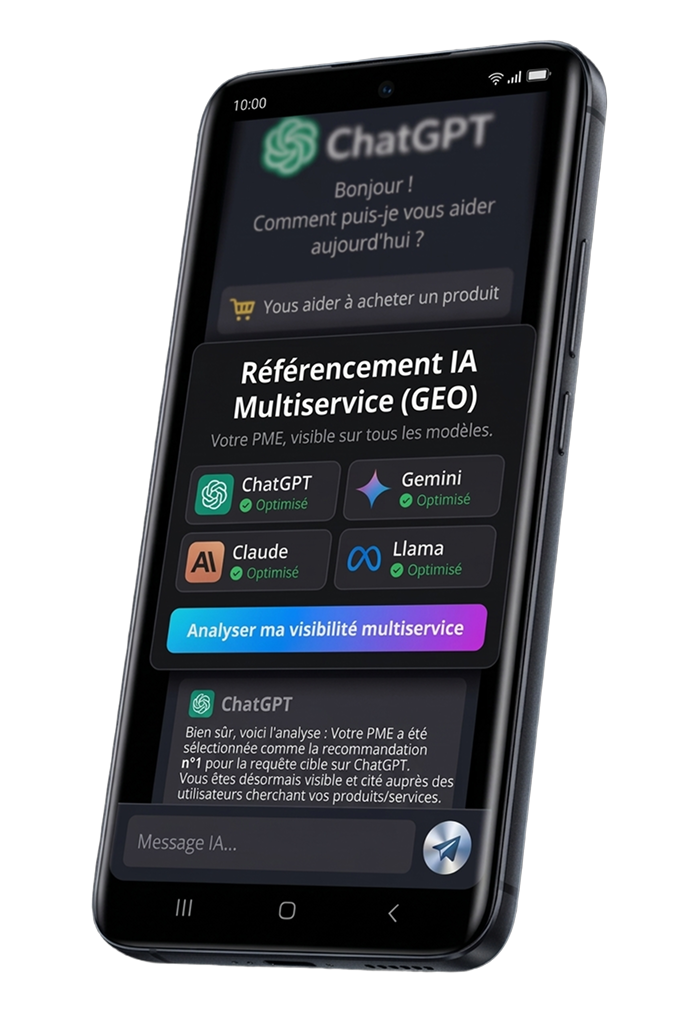 Écran de smartphone affichant une application ChatGPT en français proposant un service de référencement IA multiservice avec options ChatGPT, Gemini, Claude et Llama optimisés.