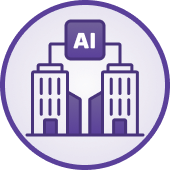 Icône représentant deux bâtiments connectés à un carré avec le texte AI, symbolisant l'intelligence artificielle en entreprise.
