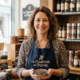 Femme souriante portant un tablier de 'Le Comptoir du Poivre' tenant un bol de mélanges d'épices.