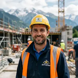 Employé souriant avec un casque jaune et un gilet de sécurité orange sur un chantier de construction en montagne.