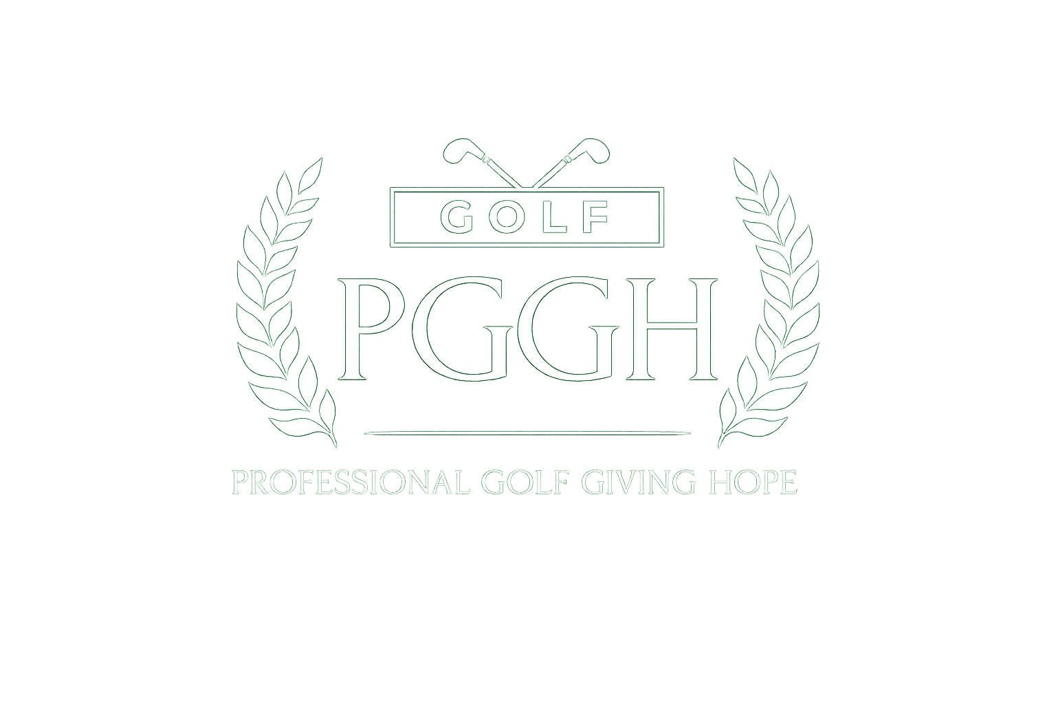 Logo with two crossed golf clubs above the word GOLF, large letters PGGH in the center, flanked by laurel branches, and the phrase Professional Golf Giving Hope below.