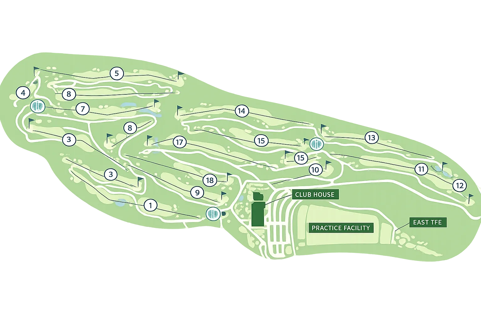 Map layout of an 18-hole golf course showing numbered holes, flags, clubhouse, practice facility, and east tee area.