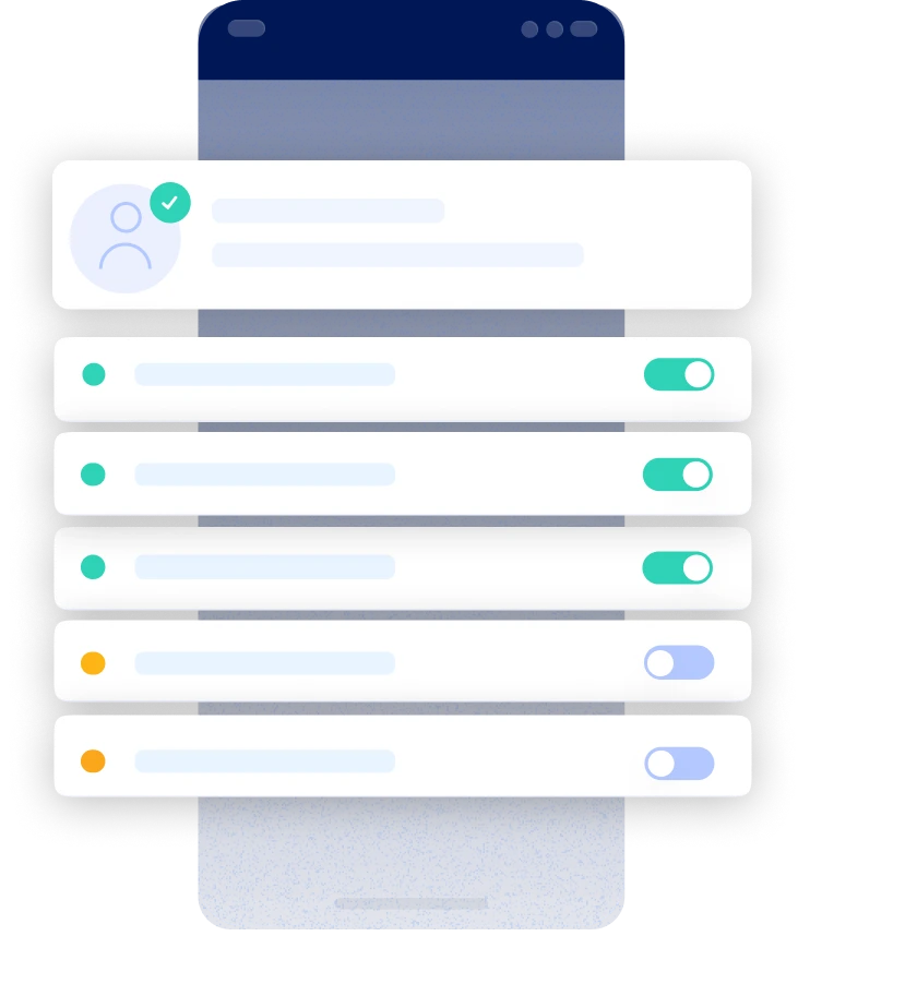 Cell phone screen with toggles turning on and off capabilities for a user