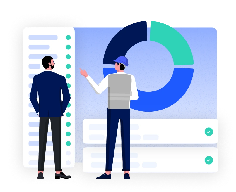 Illustration of two men standing in front of a pie chart and green checkmarks
