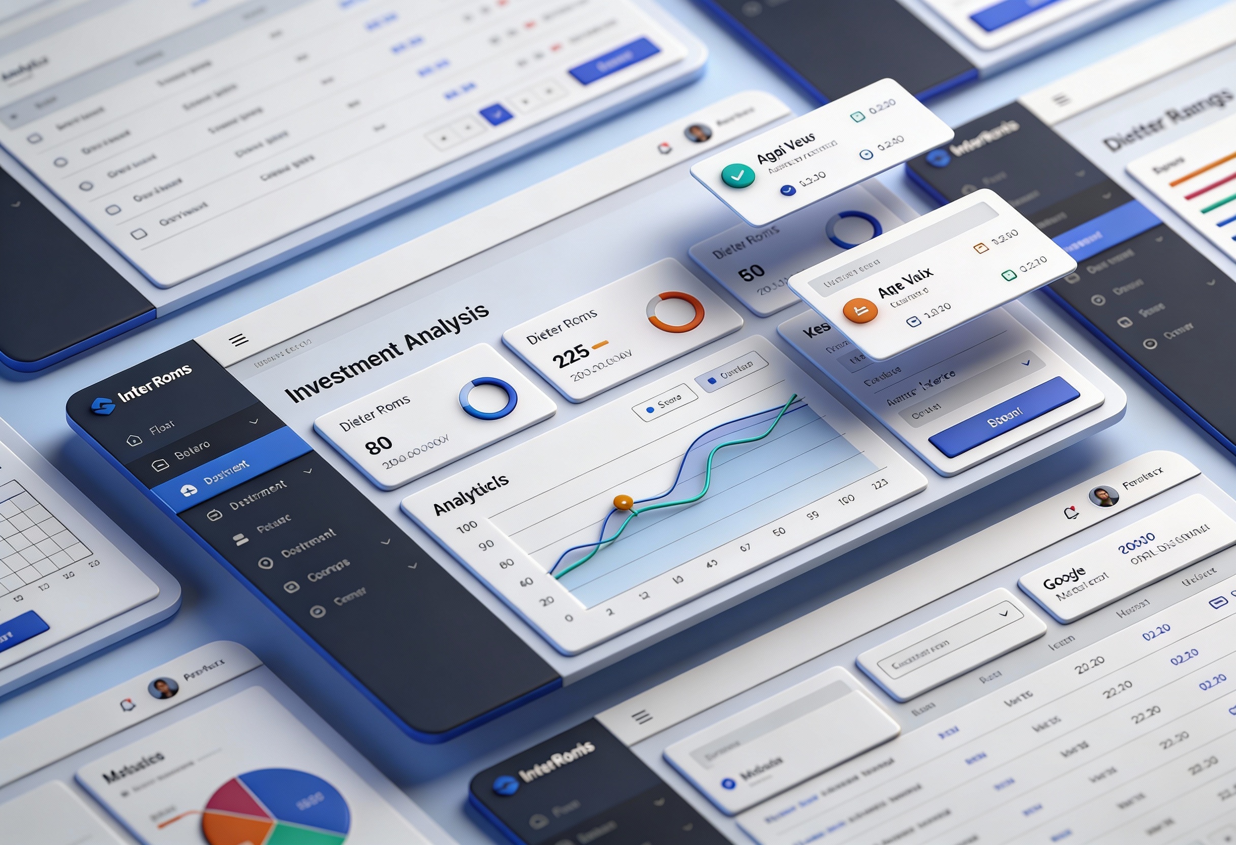 3D rendered digital investment analysis dashboard featuring charts, graphs, and data cards with financial metrics.