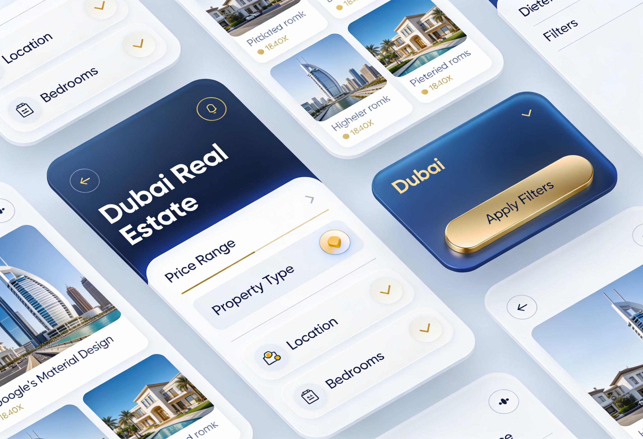 Dubai real estate mobile app interface showing filters for price range, property type, location, and bedrooms with property listings and apply filters button.