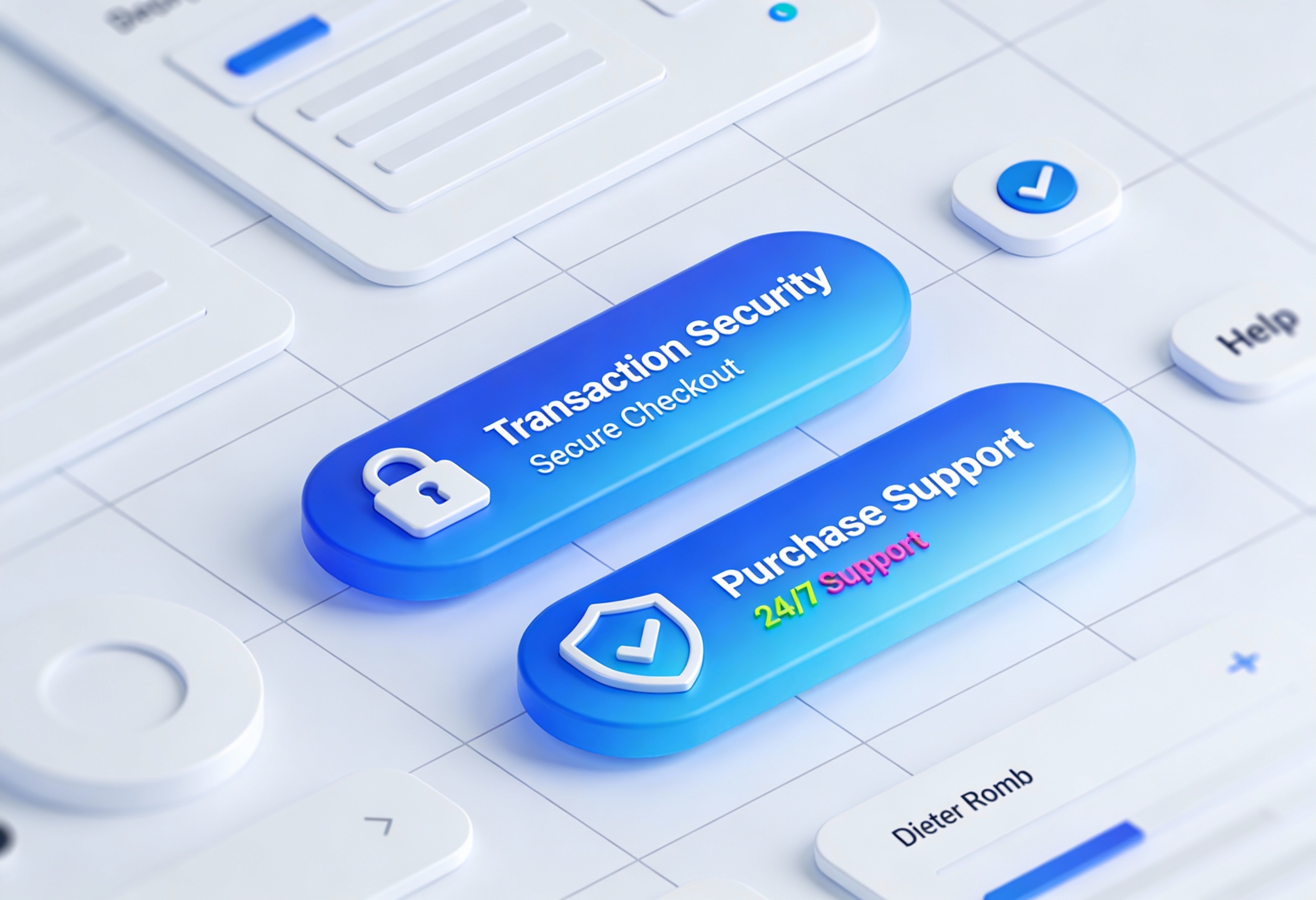 3D blue buttons labeled Transaction Security with a lock icon and Purchase Support with a shield icon on a light grid background.