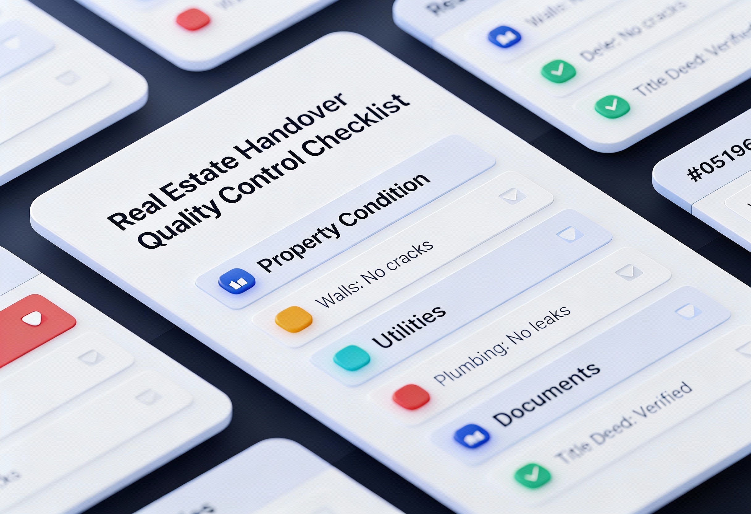 Real Estate Handover Quality Control Checklist showing sections for Property Condition with no wall cracks, Utilities with no plumbing leaks, and Documents verified.