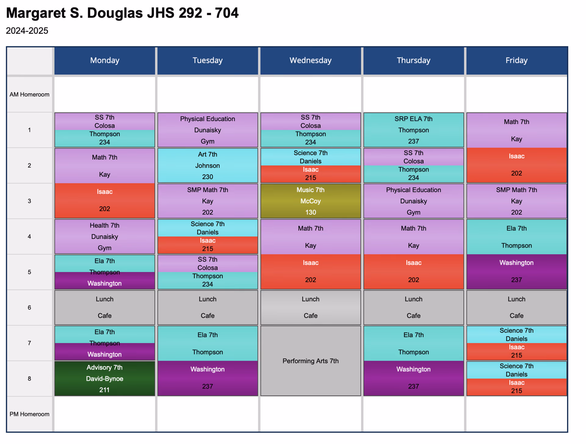 2024-2025 weekly class schedule for JHS 292 room 704