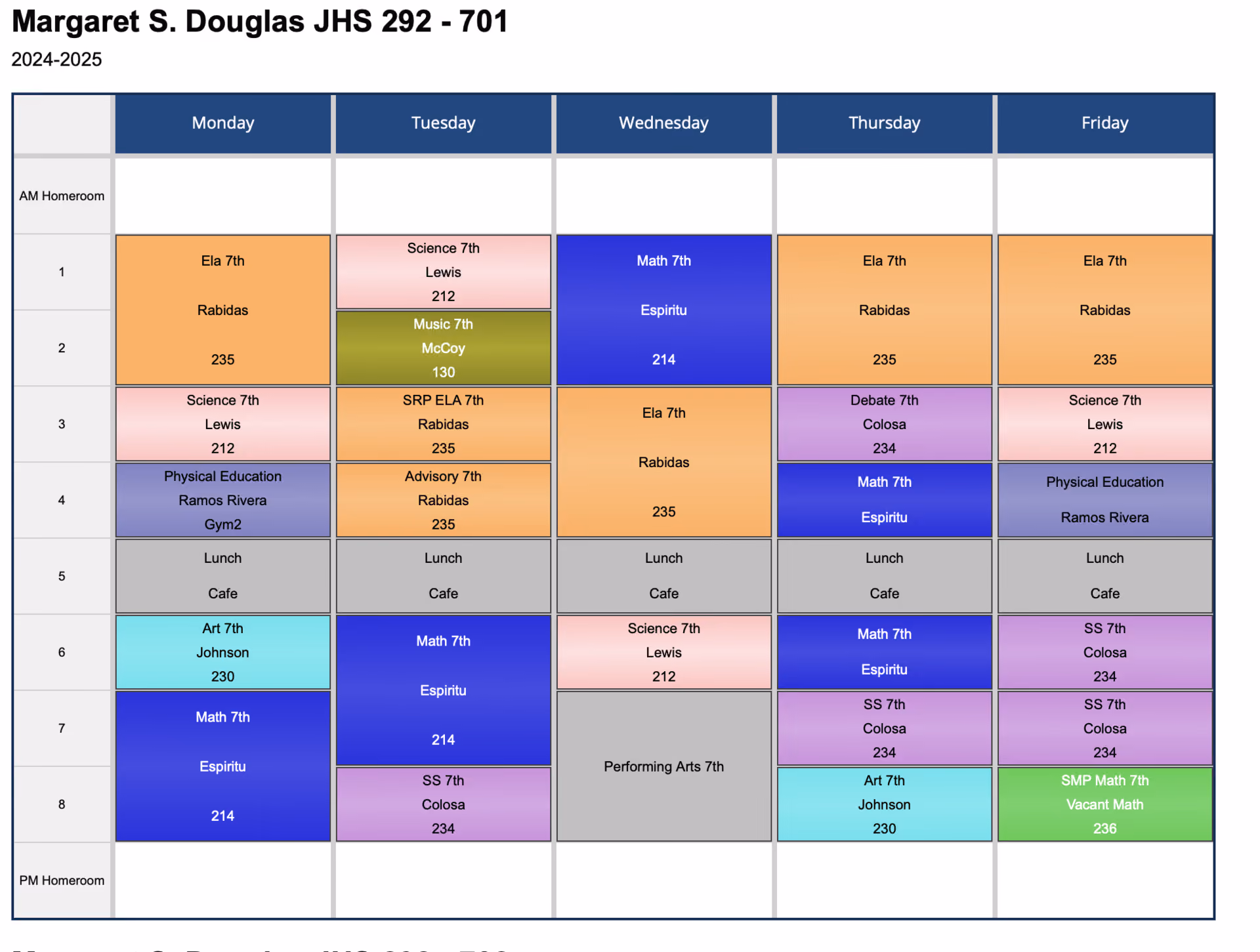 7th grade weekly class schedule for Margaret S. Douglas JHS 292 701