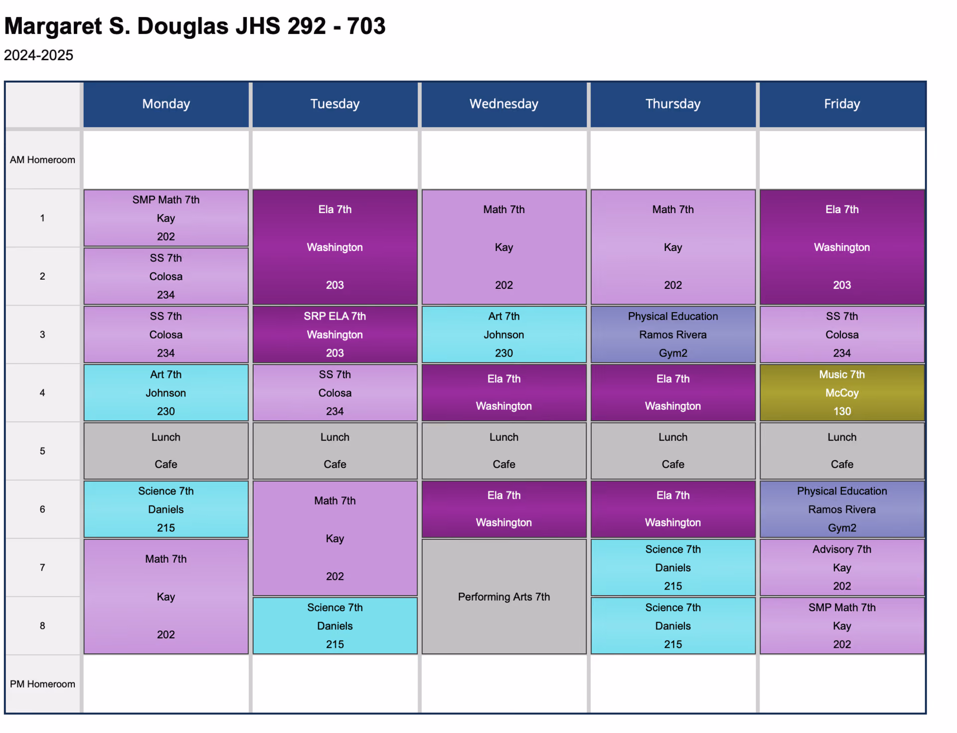 2024-2025 seventh grade weekly class schedule for JHS 292-703