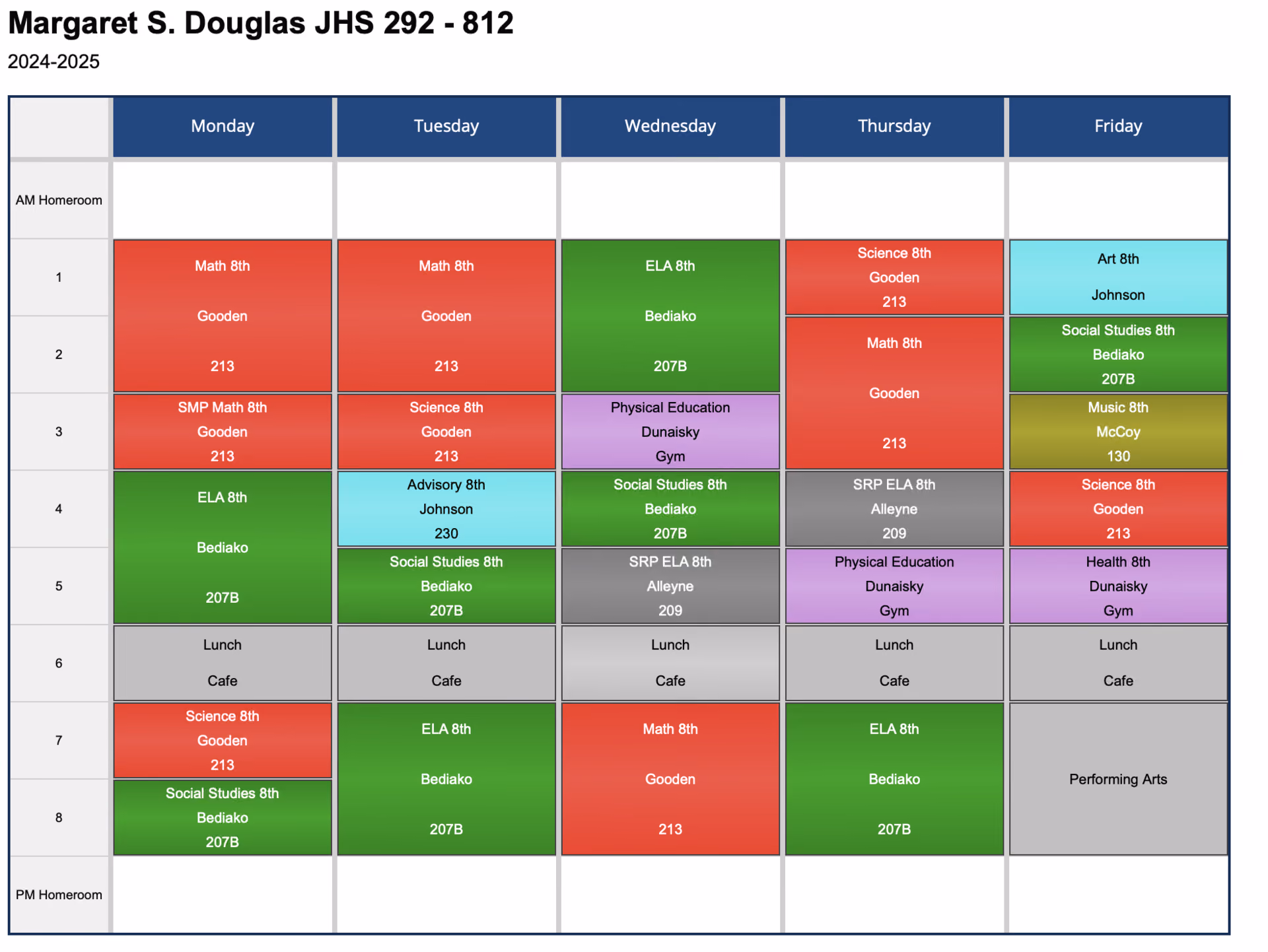 Weekly class schedule for 8th grade students at JHS 292 for 2024-2025