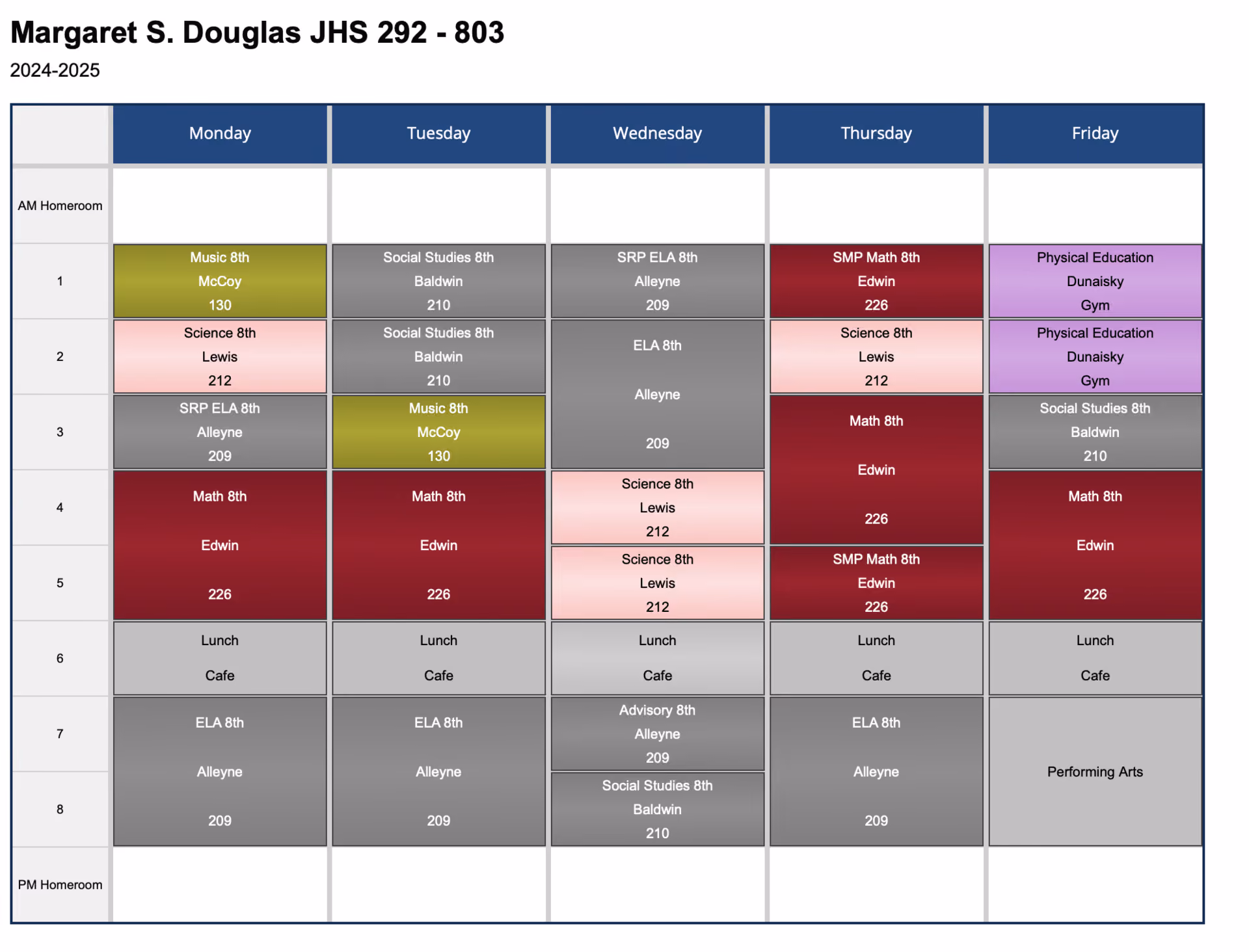 Weekly class schedule for room 803 at JHS 292 for 2024-2025