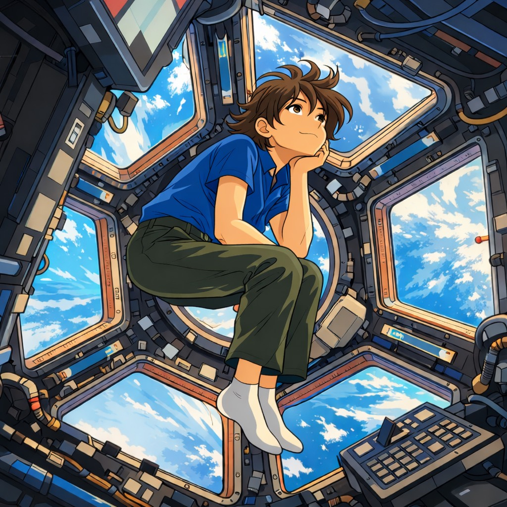 Research visualization of human factors and aerospace medicine representing an astronaut floating in the cupola of the International Space Station