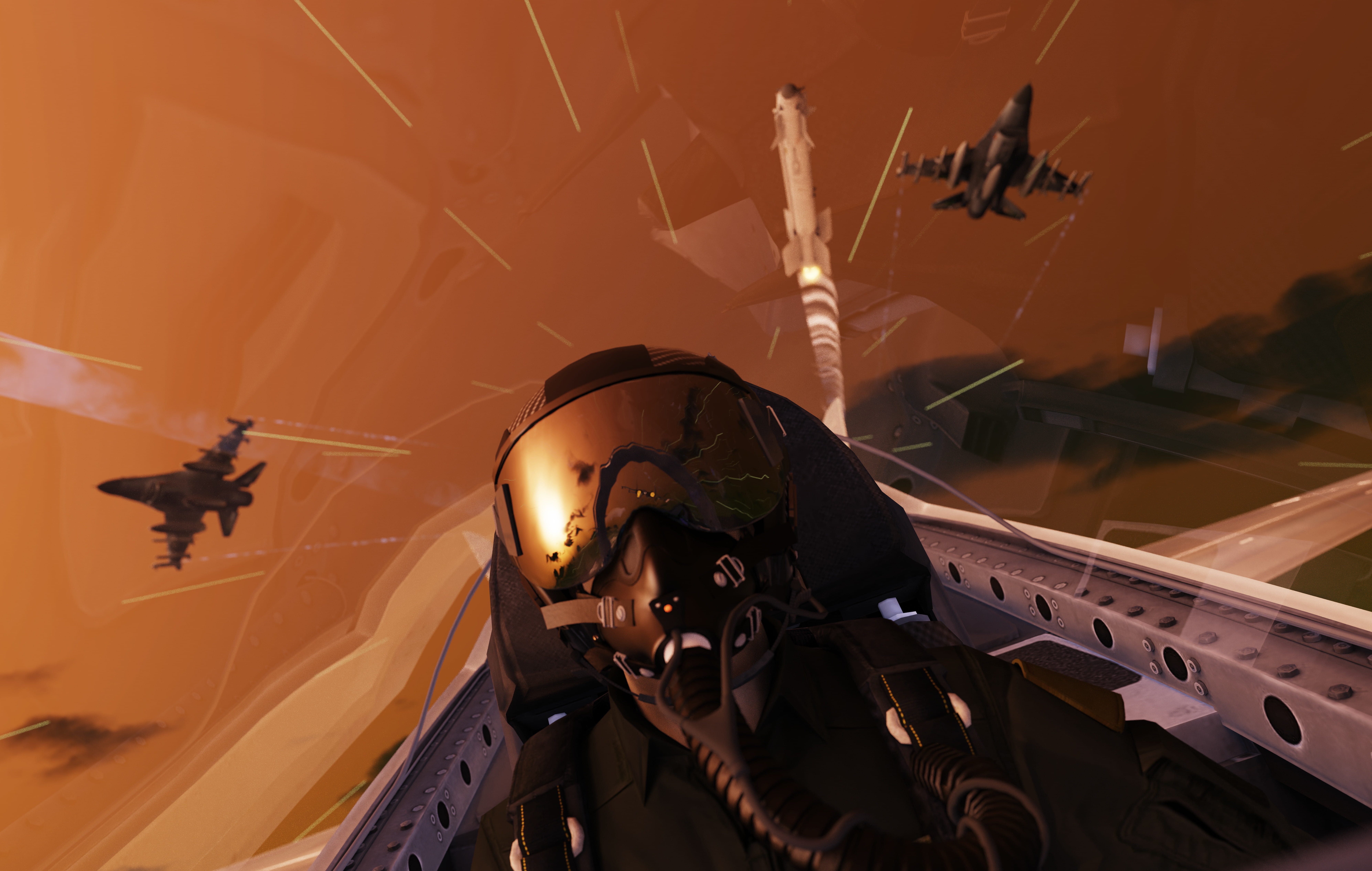 Human performance optimization representation showing a fighter pilot in the cockpit during dynamic, high-stake aerial combat