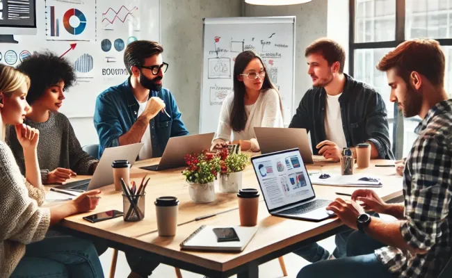 Ein Büroarbeitsplatz, an dem ein Team von Content-Ersteller:innen – ein:e Texter:in, ein:e Designer:in und ein:e Marketer:in – an einem grossen Tisch zusammenarbeitet und Inhalte auf einem Laptop überprüft.