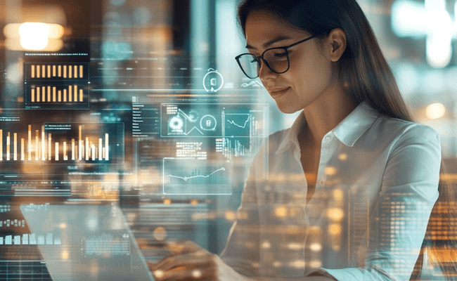 A dynamic photorealistic image of a creative professional working in a bright, minimalist office.