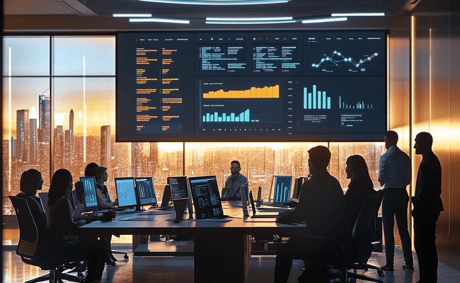 Eine fotorealistische Szene eines modernen Performance-Marketing-Agentur-Büros. Produktivität mit automatisierten Workflows für Werbeanzeigen steigern