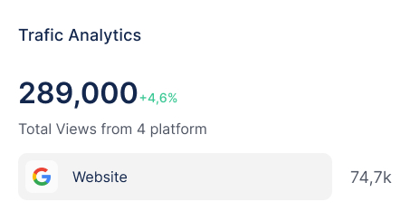 Traffic analytics showing 289,000 total views from 4 platforms with a 4.6% increase, and 74.7k views from the website.