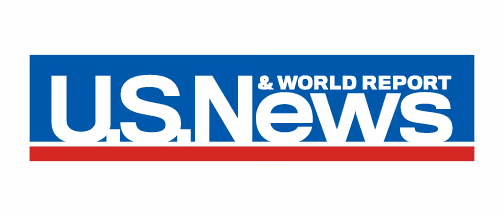 U.S. News & World Report logo with white text on a blue background and a red underline.