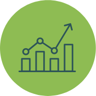 Line graph with upward trend, displaying bar and line elements, set against a green circular background.