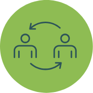 Two simplistic figures facing each other with arrows indicating exchange or communication, set against a green circular background.