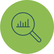 Icon of a magnifying glass over a circular graph, set against a green background, symbolizing data analysis or research.