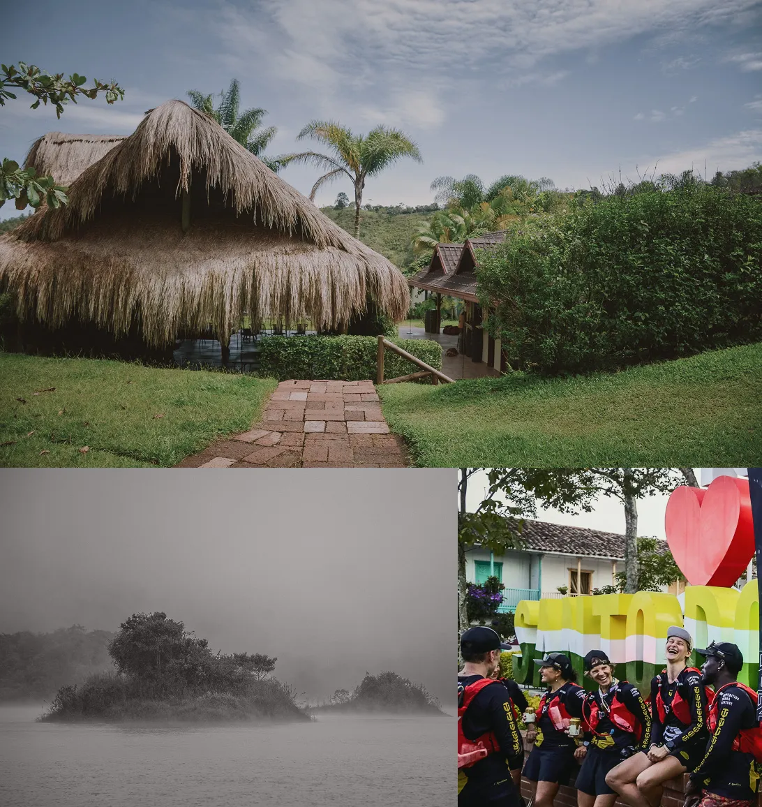 A thatched-roof lodge, a rocky islet in the mist and the group gathered in a village