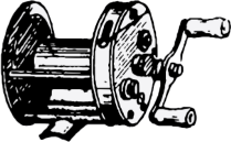 Black and white illustration of a vintage fishing reel with a crank handle.