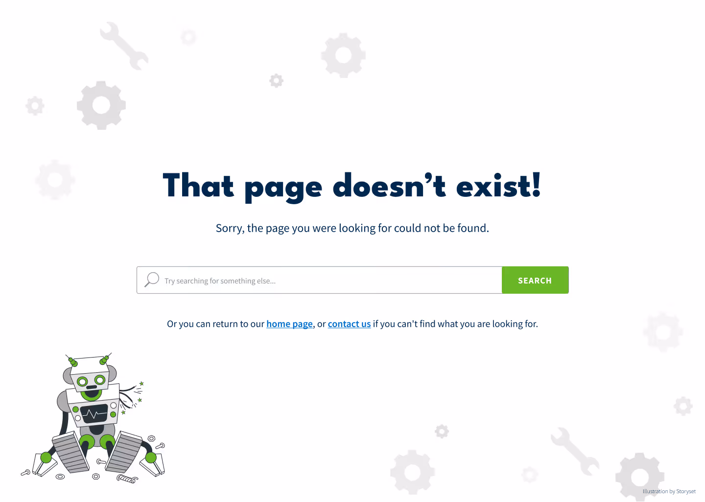 A robot is sitting on a page that says that page doesn't exist.